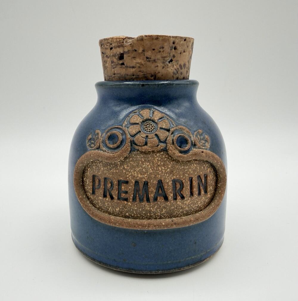 Ellen Currans Art Pottery Blue PREMARIN Jar with Cork 4" Menopause Humor Signed